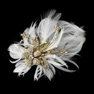 Gold with Ivory Feather Bridal Hair Fascinator Clip  