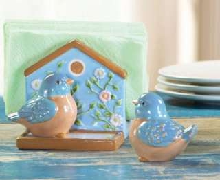 adorable set includes a napkin holder shaped like a birdhouse and a 