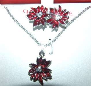Poinsettia Necklace Earring Set Silver Tone Red Enamel  