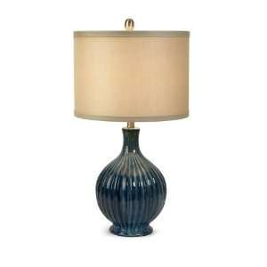   Blue Ridged Ceramic Table Lamp with Cream Drum Shade