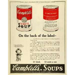  1922 Ad Campbells Can Tomato Soup Souper Kid Red White 