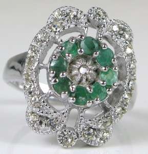   54ctw Genuine Emerald & White Sapphire Sterling 925 Filigree Ring 7.2g
