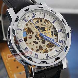   numeral Skeleton Steel Case Automatical mechanical leather band Watch