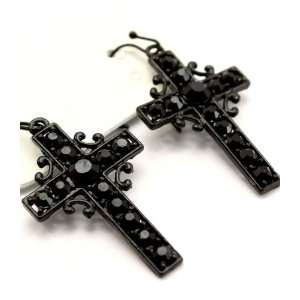 Gothic Victorian Black Cross with Black Crystal Studs