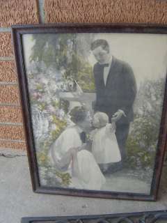 vtg BABY MOTHER FATHER PRINT wood FRAME 16 X 12  