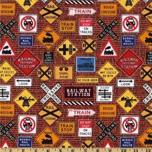  44 Wide Just Train Crazy Railroad Signs Brick Red Fabric 
