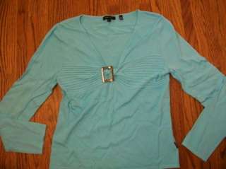   MAXAZRIA TURQUOISE BLUE KNIT TWISTED SILVER LOGO V NECK SWEATER TOP L