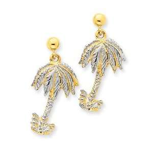  14k Gold & Rhodium Palm Tree Dangle Post Earrings Jewelry