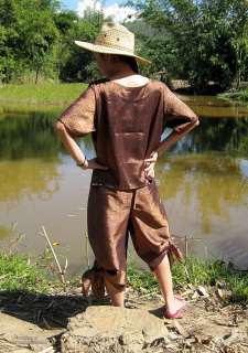 Aztec Motif Thai Silk Drive In Wrap Pants and Short Shirt Set in Brown 