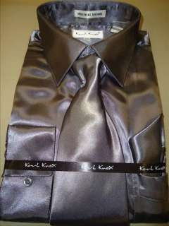 Mens Karl Knox Shiny Charcoal Gray Silky Satin Formal Dress Shirt Tie 