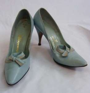   50s 60s Sexy Light Blue Leather Stiletos Heels Shoes Sz 7 AA  