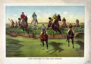 Currier and Ives   Horse race jockey hurdle jump print  