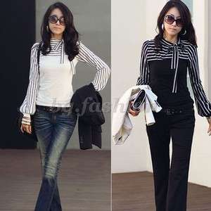 Trendy New Polo Neck Stripes Long Puff Sleeve Cotton Casual T Shirt 