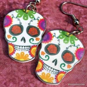 rainbow flower sugar skull day of dead charm earrings  