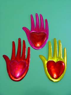 Mexican Tin Hamsa Hand of Fatima with Large Heart  