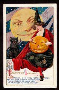 1912 winsch schmucker black cat moon halloween lantern witch postcard 