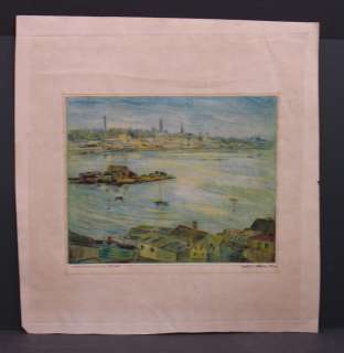 Mortimer Borne Color Etching Print Harbor Scene 1945  