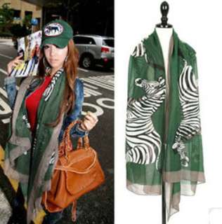 Womens Accessories Zebra Print Long Green Silk Scarf  