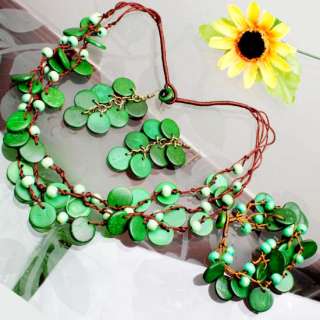 Green Coconut Shell Necklace Bracelet Earrings ~~1 SET  