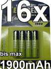 16 x AKKUS max. 1900 mAh BATTERIEN AAA NI MH AKKU 4 x 4