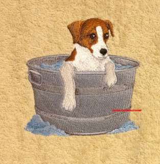 JACK RUSSELL TERRIER DOG BATHING   2 EMBROIDERED HAND TOWELS by Susan 