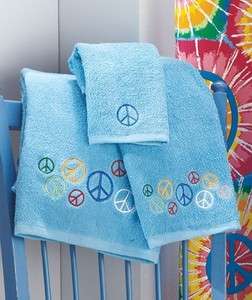 PEACE Sign 3 pc Blue Towel Set IN STOCK Bath, Hand, Washcloth Hippy 