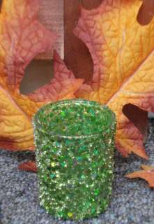 SETS of 4 Lime Green Sparkly Glitter Sequin Votive Candle Holders 