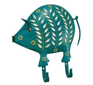 Distressed Finish Teal Pig 2 Hook Wall Mounted Coat Rack  