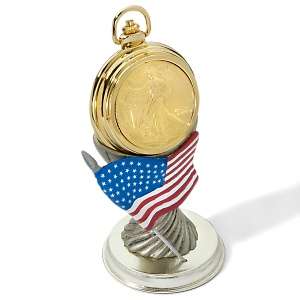 Gold Plated 2007 Silver Eagle Coin in Goldtone Pocket Watch 