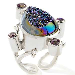 CL by Design Rainbow Drusy Sterling Silver Pear Shaped Ring  