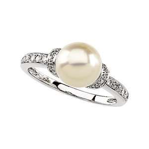  14k White Gold Fw Cultured Pearl Diamond Ring 8mm   Size 6 