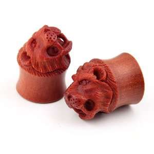  Organic Wood Lion Face Carved Double Flare Gauge Plug   9/16 Jewelry
