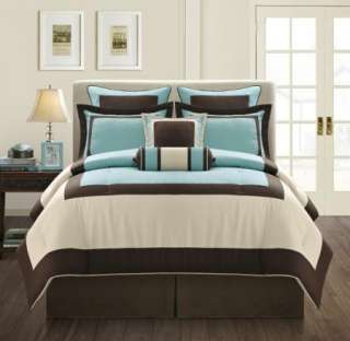 New Bed In a Bag Aqua Blue Brown Gramercy Comforter set   Queen, King 