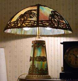 Antique Victorian Table Lamp Blue Purple Stain Glass Ornate Cage 
