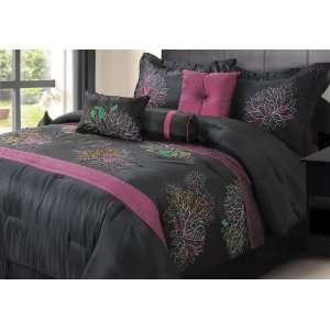   Queen Alexandra Black and Purple Embroidered Bed in a Bag Bedding Set