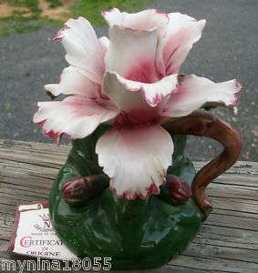 Vintage Capodimonte Pink Flower Handled Candle Holder  
