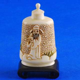 Carved OX Bone Snuff bottle Carving God of Wealth & Crane  