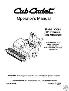 Cub Cadet 30 Hydraulic Tiller attachment Manual 190 002  