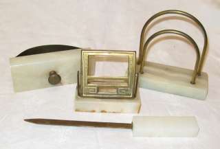 Vintage Diamond Point Art Deco Brass Onyx 4pc Desk Set  