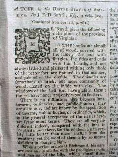 1784 newspaper w LONG detailed DESCRIPTION of VIRGINIA after 