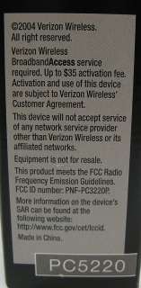 Verizon Wireless Broadband Access PC Card PC5220 PCMCIA  