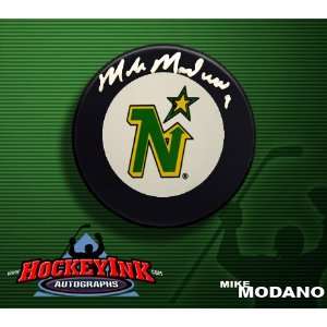 Mike Modano Signed Hockey Puck   Minnesota North   Autographed NHL 