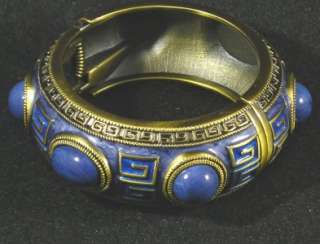 Egyptian Style Gold Blue Enamel Hinged Bangle Bracelet  