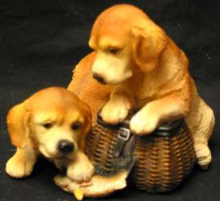 SWEET YELLOW LAB PUPPIES WITH FISHING BASKET FIGURINE  