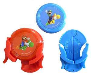 flying discs in holders in 2 different colours