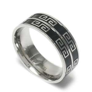 Stainless Steel Mens Double Greek Key Black Stripe Wedding Band Ring 