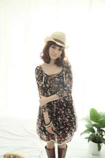 FANCYQUBE FASHION FLORAL PATTERN 3/4 SLEEVE CHIFFON DRESS 2134  