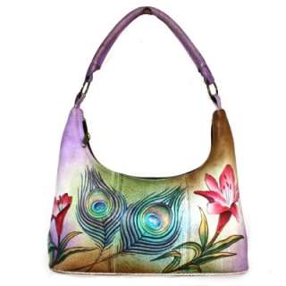 Anuschka Leather Small Hobo Lily Flower Peacock Feather  