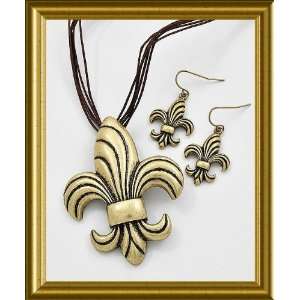  Fleur De Lis Necklace & Earrings Set Goldtone New Orleans 