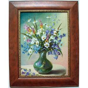 Original Oil on canvas painting Vase with wild flowers bouquet in fame